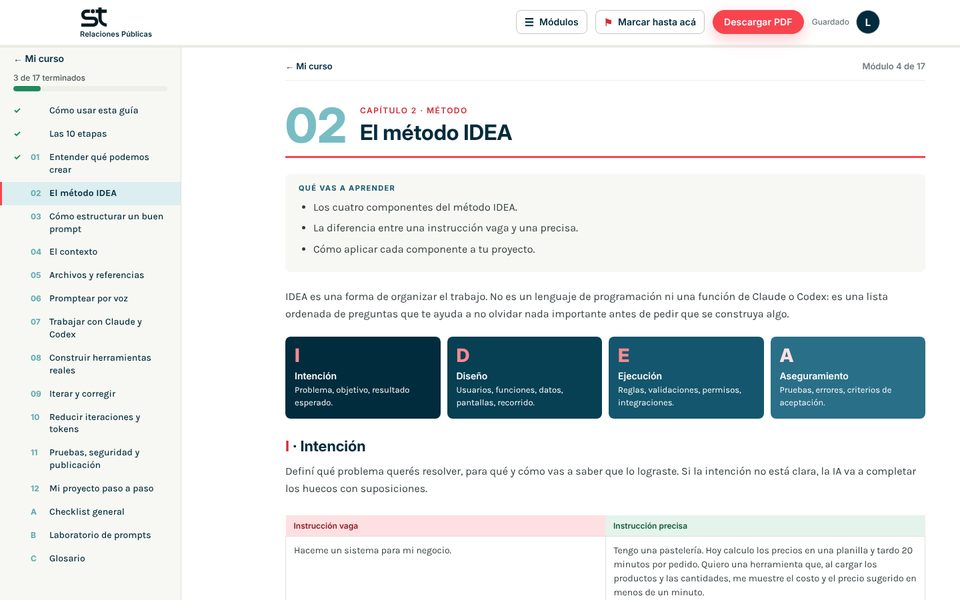 Un módulo de la guía con el menú lateral